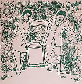 Screen print from Rubber Tappers drawing