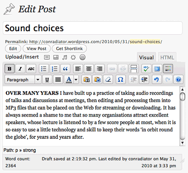 Editing a WordPress post with the Visual Editor